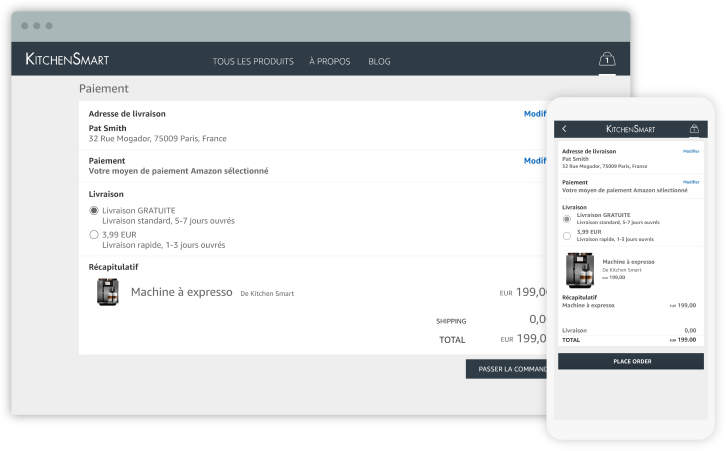 capture d’écran de la solution de paiement e-commerce Amazon Pay, sur mobile et web